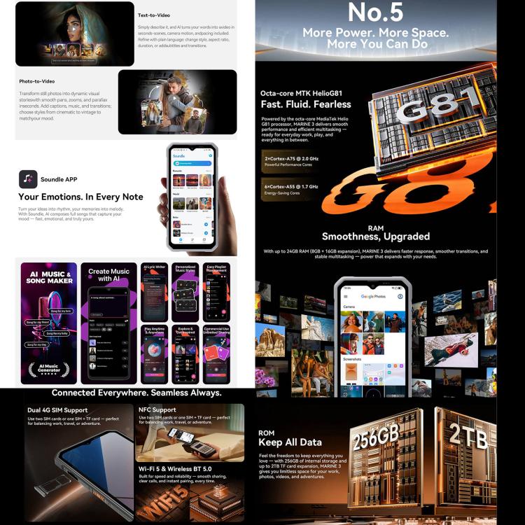 Blackview Oscal Marine 3，8GB+256GB，6.56英寸安卓16  MT6769V/CB G81八核, 網絡：4G, OTG, NFC  , 8GB+256GB