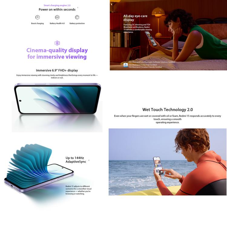 Xiaomi Redmi 15國際版，8GB+256GB，側邊指紋識別，6.9 英寸小米HyperOS 2 系統驍龍 685八核 2.8GHz，4G 網絡，NFC  , 8GB+256GB