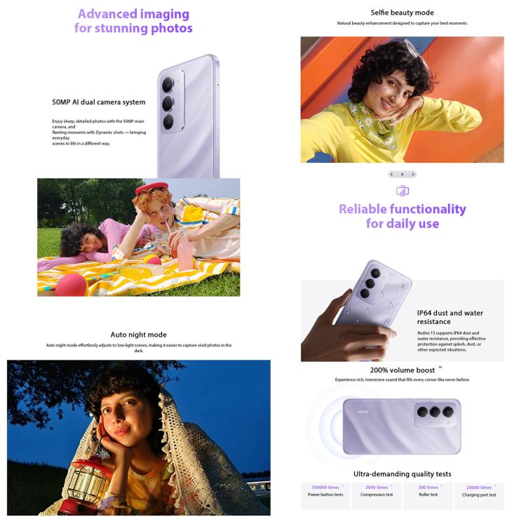 Xiaomi Redmi 15國際版，8GB+256GB，側邊指紋識別，6.9 英寸小米HyperOS 2 系統驍龍 685八核 2.8GHz，4G 網絡，NFC  , 8GB+256GB