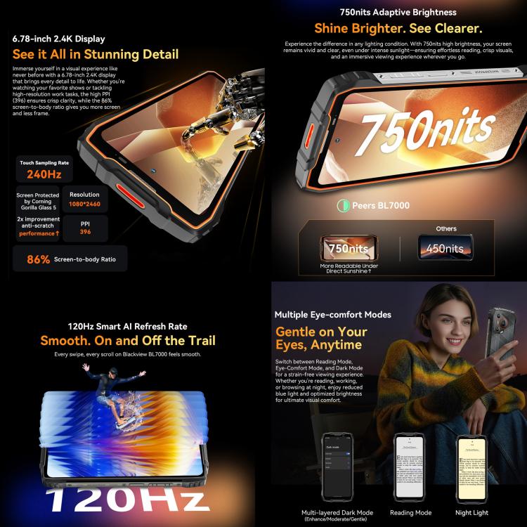 Blackview BL7000 IP68/IP69K三防機,  8GB+512GB，6.78英寸安卓15 MediaTek 天璣 6300八核, 網絡：5G, NFC, OTG  , 8GB+512GB