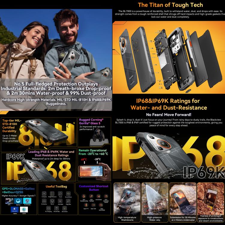 Blackview BL7000 IP68/IP69K三防機,  8GB+512GB，6.78英寸安卓15 MediaTek 天璣 6300八核, 網絡：5G, NFC, OTG  , 8GB+512GB