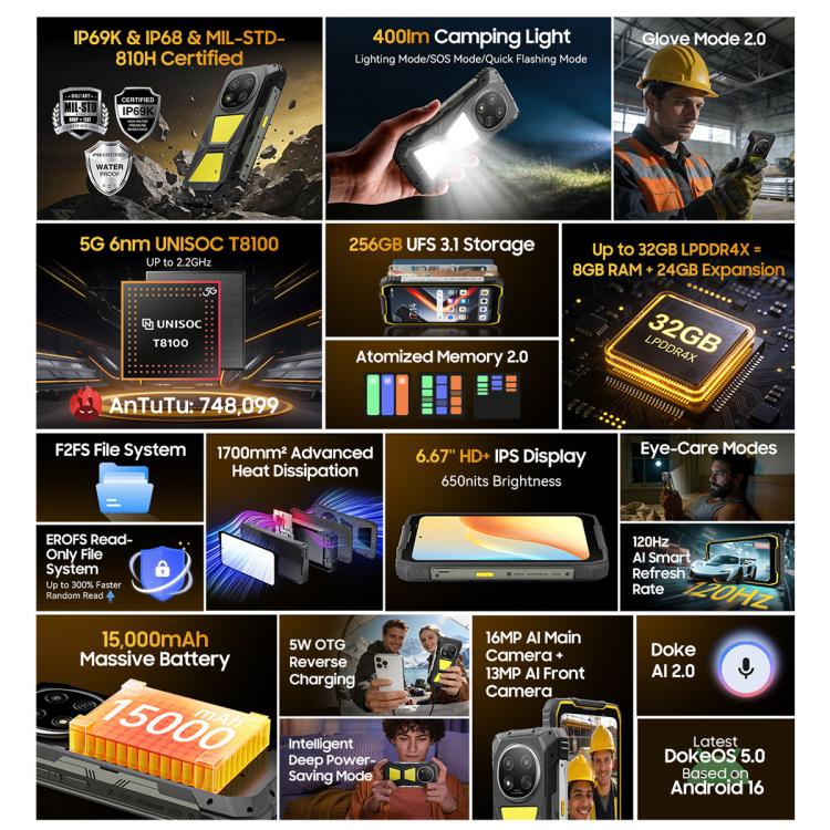 Blackview ROCK 2 Pro三防手機，8GB+256GB，6.67英寸安卓16紫光展銳UMS9620 T8100八核, 網絡：4G, OTG, NFC