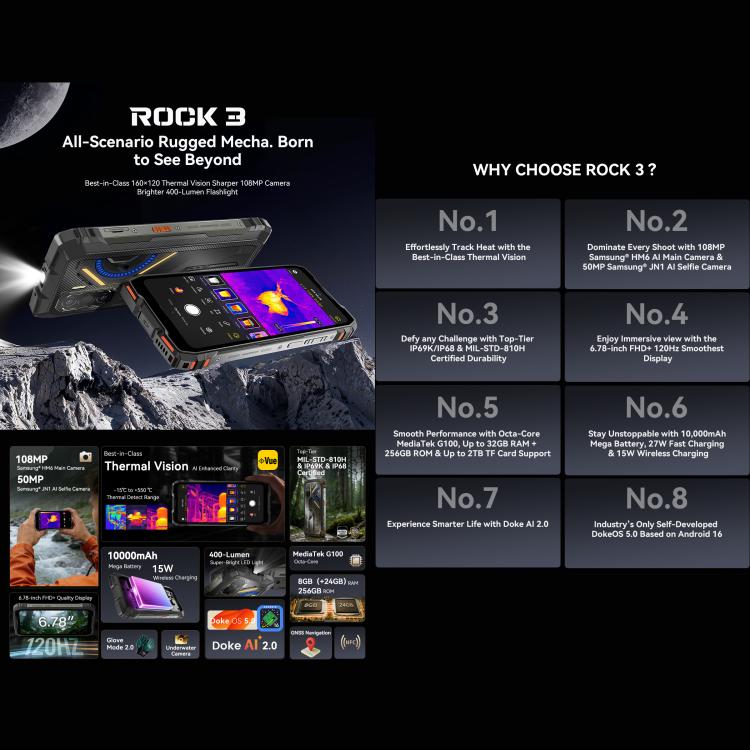 Blackview ROCK 3三防手機，熱像儀，8GB+256GB，6.78英寸安卓16 MT8781 Helio G100八核, 網絡：4G, OTG, NFC