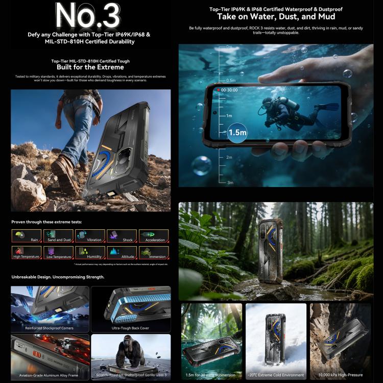 Blackview ROCK 3三防手機，熱像儀，8GB+256GB，6.78英寸安卓16 MT8781 Helio G100八核, 網絡：4G, OTG, NFC