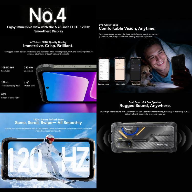 Blackview ROCK 3三防手機，熱像儀，8GB+256GB，6.78英寸安卓16 MT8781 Helio G100八核, 網絡：4G, OTG, NFC