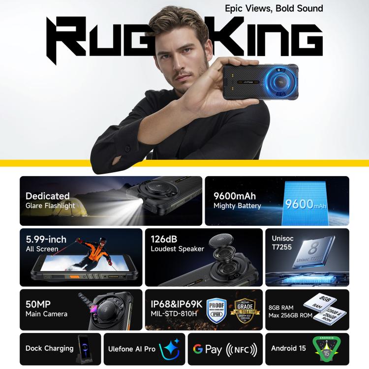 Ulefone RugKing ，IP68/IP69K三防機  8GB+128GB，5.99英寸安卓15 Unisoc T7255八核, 網絡：4G, NFC, OTG  , RugKing, 8GB+128GB