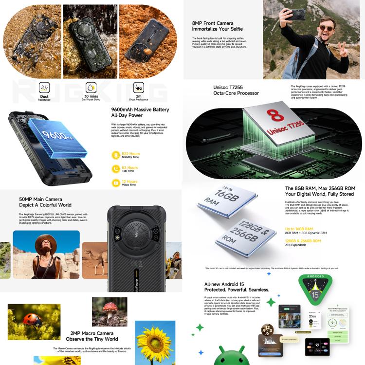 Ulefone RugKing ，IP68/IP69K三防機  8GB+128GB，5.99英寸安卓15 Unisoc T7255八核, 網絡：4G, NFC, OTG  , RugKing, 8GB+128GB