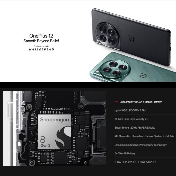 一加 12 5G 歐版EU With Charger, 12GB+256GB 屏幕指紋識別, 6.82英寸ColorOS 14.0安卓14高通驍龍8第3代八核, NFC, 5G網絡