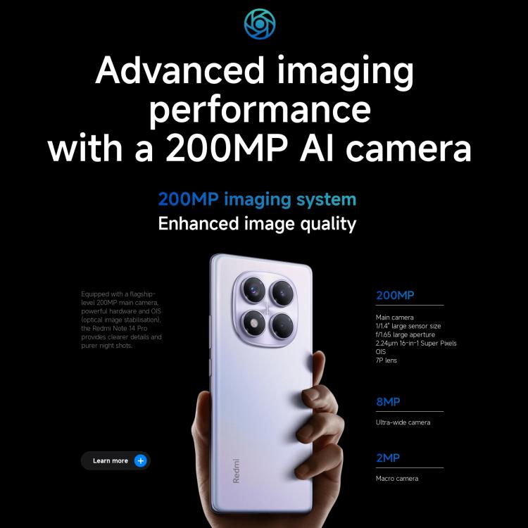 小米Redmi Note 14 Pro 4G  國際版，8GB+256GB，屏幕指紋，6.67英寸Xiaomi HyperOS Helio G100-Ultra八核, NFC, 4G網絡
