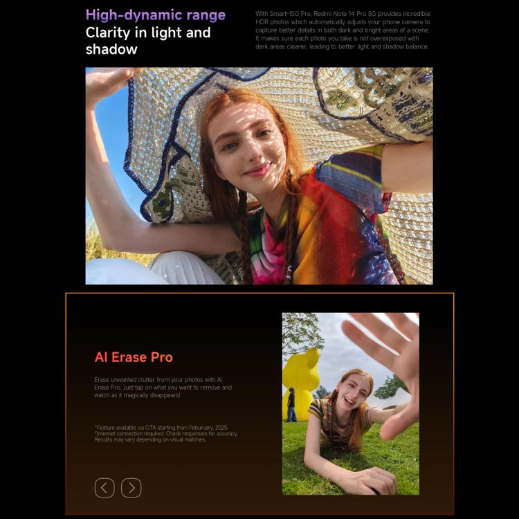 小米Redmi Note 14 Pro 5G 國際版，8GB+256GB，屏幕指紋，6.67英寸Xiaomi HyperOS 聯發科天璣7300-Ultra八核, NFC, 5G網絡