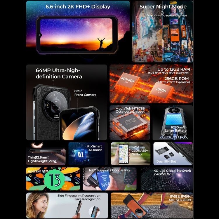 HOTWAV T7 三防機，6GB+256GB，6.6英寸安卓13 MT8788八核, 網絡：4G, OTG