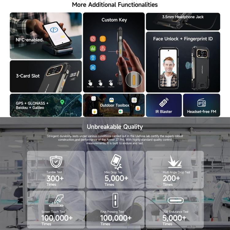 Ulefone Armor 27 Pro三防機, 12GB+256GB, 夜視，6.78英寸安卓14 天璣6300八核, 網絡：5G, NFC