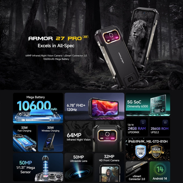 Ulefone Armor 27 Pro三防機, 12GB+256GB, 夜視，6.78英寸安卓14 天璣6300八核, 網絡：5G, NFC