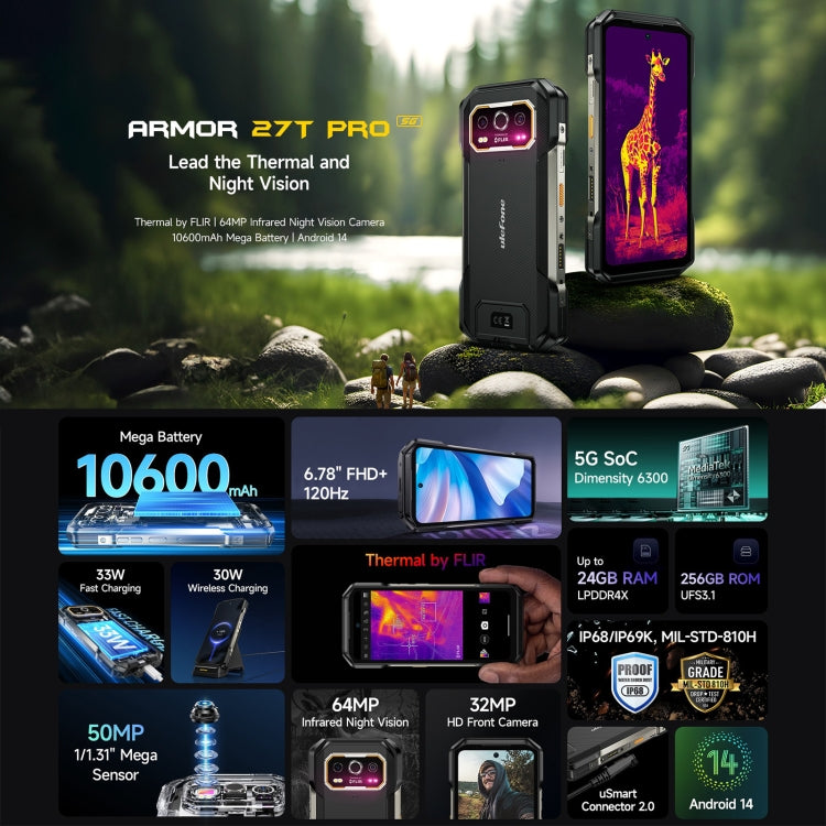 Ulefone Armor 27T Pro三防機, 12GB+256GB, 熱成像，夜視，6.78英寸安卓14 天璣6300八核, 網絡：5G, NFC