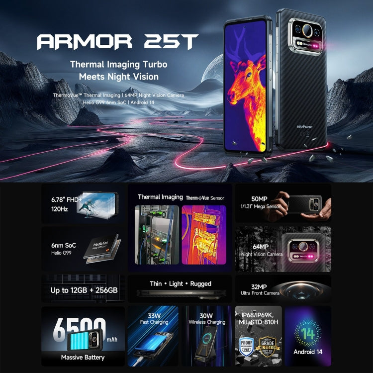 Ulefone Armor 25T 三防機 6GB+256GB, 熱成像, 6.78英寸安卓14 MediaTek Helio G99八核, 網絡：4G, NFC, OTG