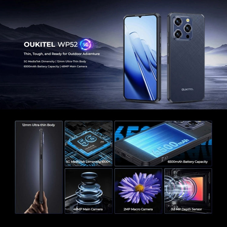Oukitel WP52 5G三防機, 4GB+256GB, 6.6英寸聯發科天璣6100+八核，NFC，OTG, 網絡：5G