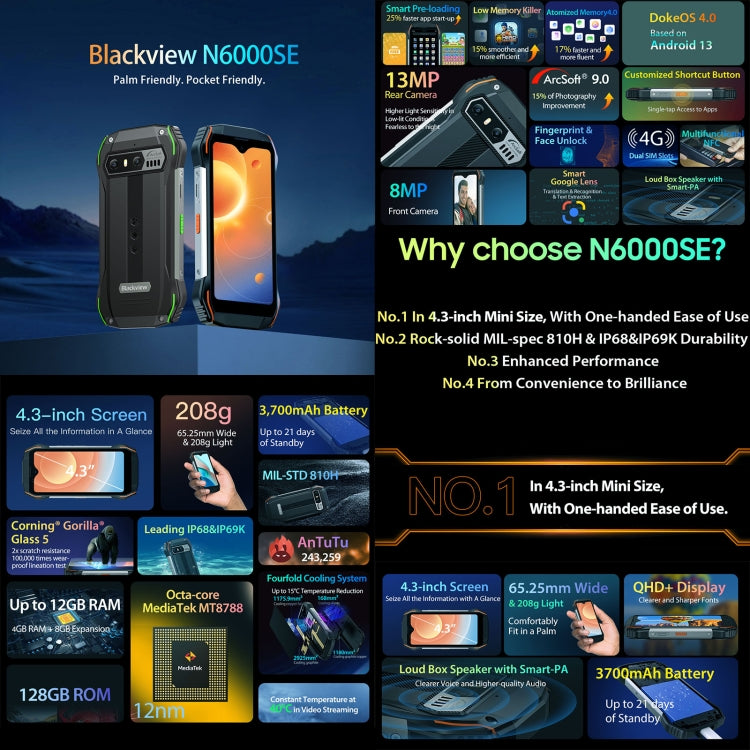Blackview N6000SE，4GB+128GB，IP68/IP69K三防機  4.3英寸安卓13 MT8788八核, 網絡：4G, OTG NFC  , N6000SE 4GB+128GB