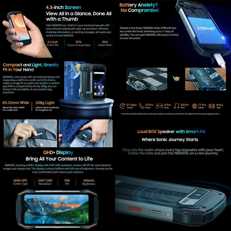 Blackview N6000SE，4GB+128GB，IP68/IP69K三防機  4.3英寸安卓13 MT8788八核, 網絡：4G, OTG NFC  , N6000SE 4GB+128GB