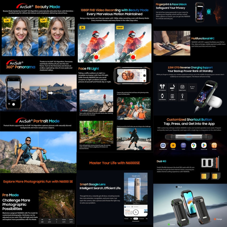 Blackview N6000SE，4GB+128GB，IP68/IP69K三防機  4.3英寸安卓13 MT8788八核, 網絡：4G, OTG NFC  , N6000SE 4GB+128GB