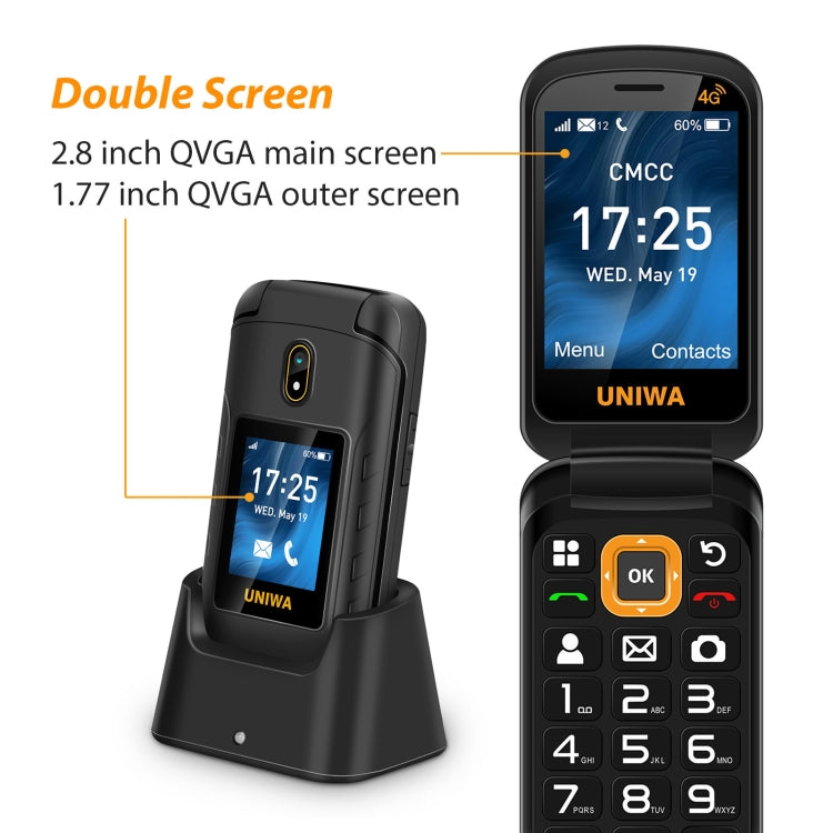 UNIWA V909T  翻蓋機 2.8寸+1.77寸UNISOC Tiger T107, 藍牙 收音  4G網絡 SOS 帶底座