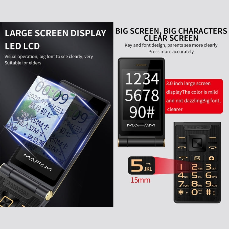 Mafam F120 2.4寸商務翻蓋機 , 大字按鍵, 親情號碼, 外面显示時間 收音  SOS, GSM網絡 雙卡雙待
