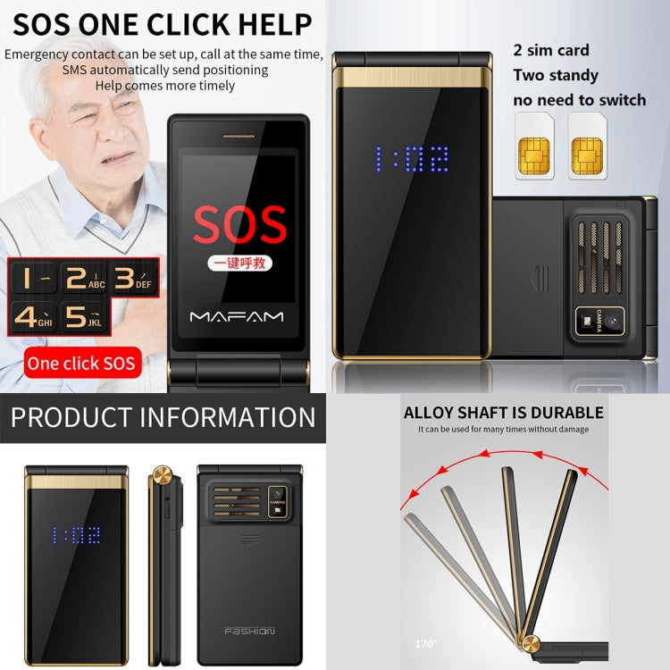 Mafam F120 2.4寸商務翻蓋機 , 大字按鍵, 親情號碼, 外面显示時間 收音  SOS, GSM網絡 雙卡雙待