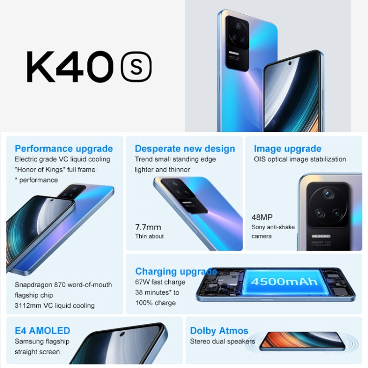 小米紅米K40S 5G 12GB+256GB, 三后攝,  側鍵指紋識別, 6.67英寸極孔高通驍龍870  5G八核3.2GHz, MIUI 13, 5G網絡, 雙卡NFC, 紅外 , 12GB+256GB