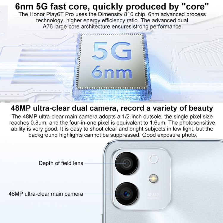 榮耀Play6T Pro 5G TFY-AN40 8GB+128GB 全網通 側鍵指紋識別 6.7寸屏Magic UI 5.0 , MediaTek 天璣810 八核, 5G網絡, OTG  不支持谷歌商店