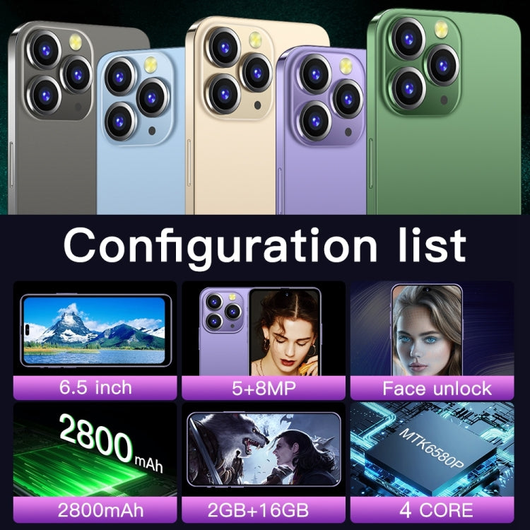 i14 Pro Max / H208, 2GB+16GB 人臉識別, 安卓8.1, 6.5寸膠囊屏MTK6580P四核, 3G網絡