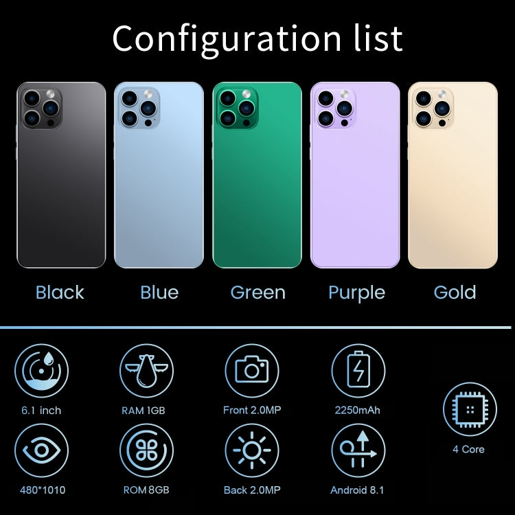 i14 Pro Max N85, 1GB+8GB 臉部識別, 安卓8.1, 6.1寸嘆號屏MTK6580A 四核, 3G網絡 雙卡