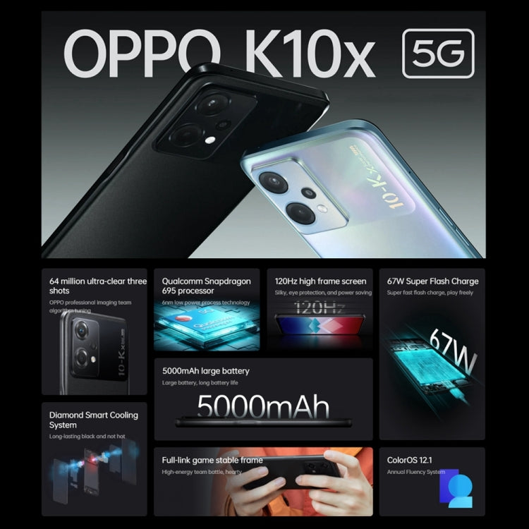 OPPO K10x 5G國內版 12GB+256GB 6400萬三后攝側邊指紋 6.59英寸ColorOS 12.1, 高通驍龍695八核處理器, 5G全網通 支持谷歌商店