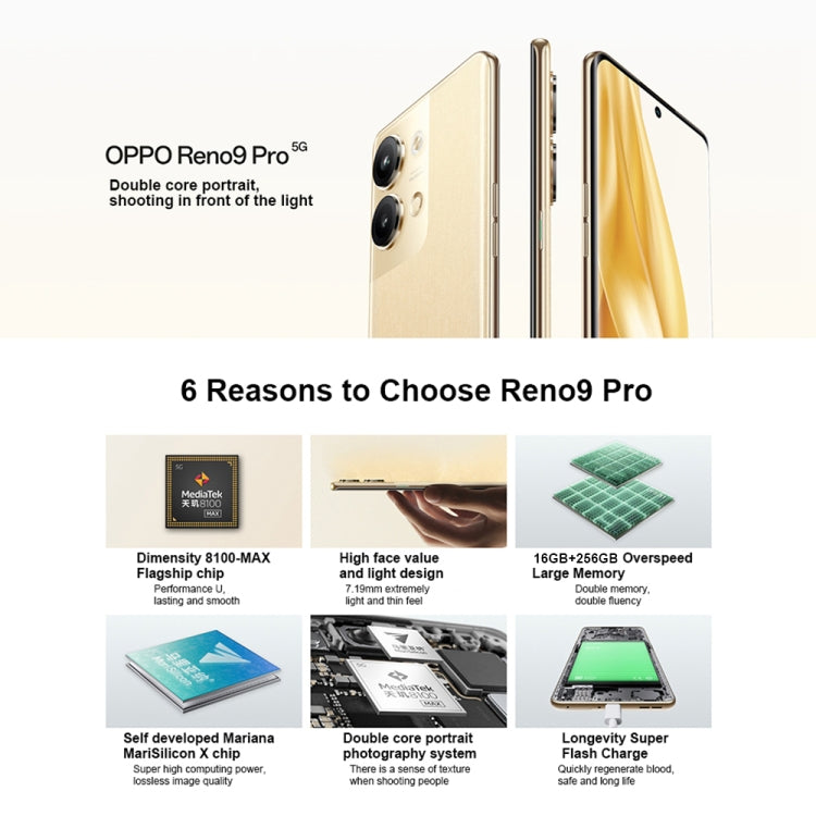 OPPO Reno9 Pro 5G國內版 16GB+256GB 5000萬雙后攝 6.7英寸Android 13, 天璣8100-MAX八核處理器, 5G網絡 支持谷歌商店