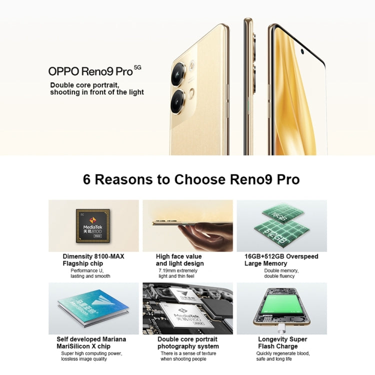 OPPO Reno9 Pro 5G國內版 16GB+512GB 5000萬雙后攝 6.7英寸Android 13, 天璣8100-MAX八核處理器, 5G網絡 支持谷歌商店