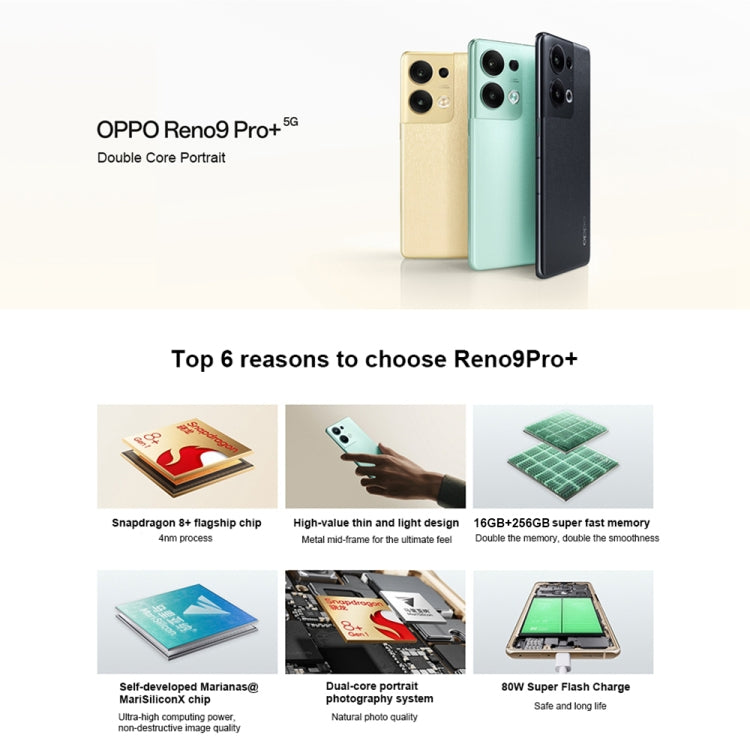 OPPO Reno9 Pro+ 5G國內版 16GB+256GB 5000萬三后攝 6.7英寸Android 13, 驍龍8+ Gen 1八核處理器, 5G網絡 支持谷歌商店