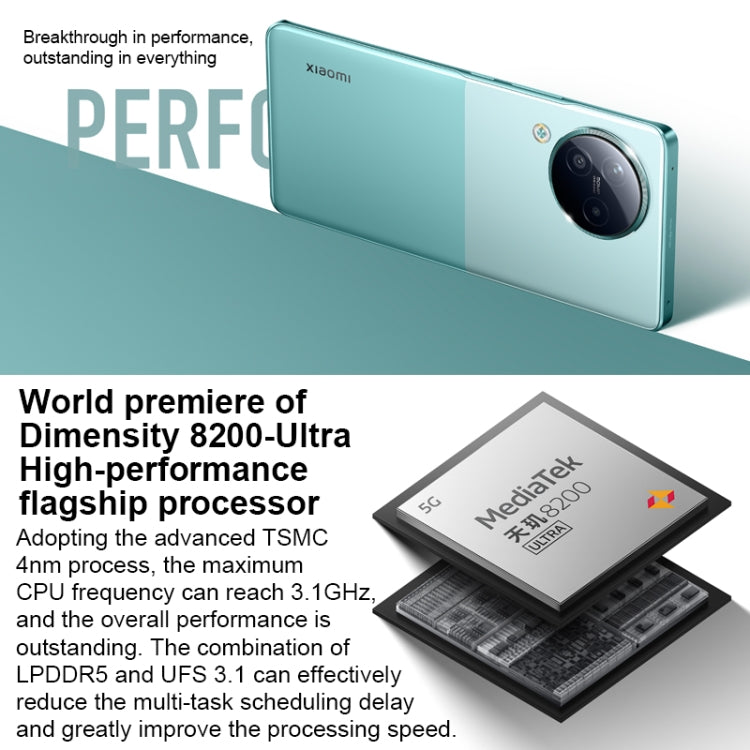 小米Civi 3 5G  12GB+256GB, 後置3攝+雙前攝, 屏幕指紋, 4500mAh電池,6.55英寸MIUI 14天璣8200-Ultra八核3.1GHz, 5G網絡, NFC