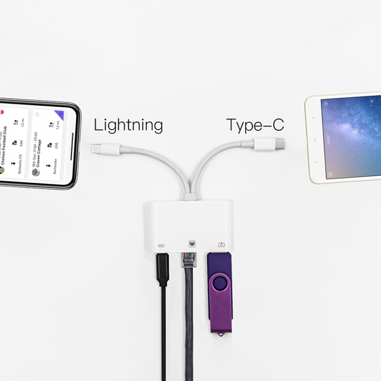 NK-107 Pro 3合一 Type-C+8 Pin公頭轉USB+RJ45+8 Pin充電母頭接口 適配器