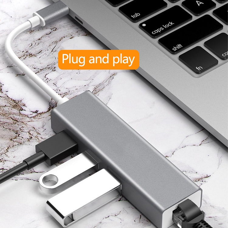 百兆網卡Type-C轉 RJ45+3個USB 3.0 轉換集線器HUB