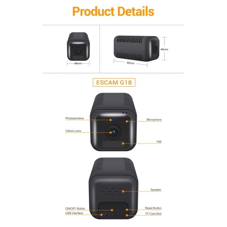 ESCAM G18 1080P全高清可充電電池WiFi攝像機，支持夜視 移動偵測 TF卡 雙向語音