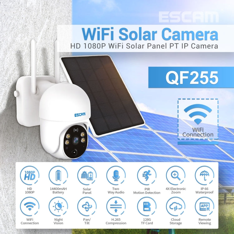 ESCAM QF255 200萬像素1080P高清WiFi太陽能攝像機 支持雙向語音&PIR移動偵測&夜視&TF卡