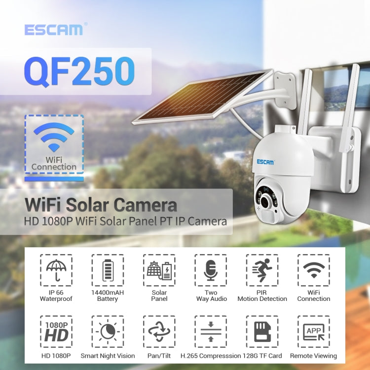 ESCAM QF250 高清1080P WiFi太陽能網絡攝像機 支持運動檢測TF卡 夜視 雙向語音
