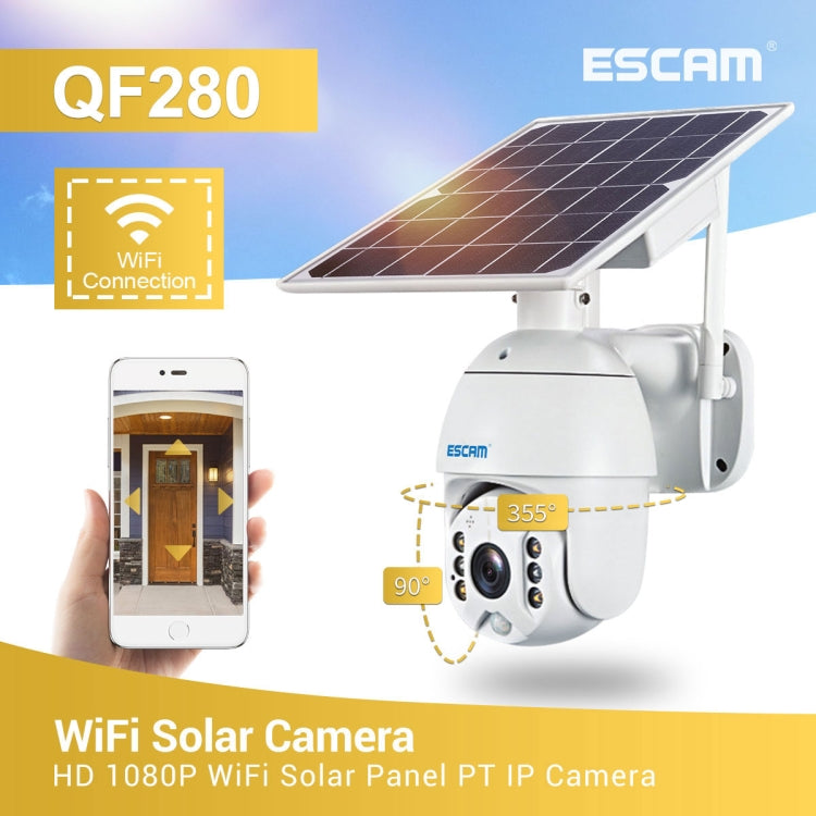 ESCAM QF280 1080P高清IP66防水太陽能板WiFi PT IP攝像機 不帶電池，支持夜視 移動偵測 TF卡 雙向語音