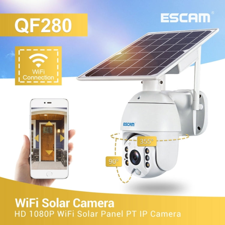 ESCAM QF280 1080P高清IP66防水太陽能板WiFi PT IP攝像機 帶電池，支持夜視 移動偵測 TF卡 雙向語音