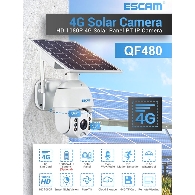 ESCAM QF480 美版 1080P高清IP66防水太陽能板4G PT IP攝像機 不帶電池，支持夜視 移動偵測 TF卡 雙向語音