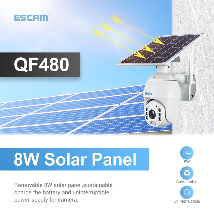 ESCAM QF480 美版 1080P高清IP66防水太陽能板4G PT IP攝像機 不帶電池，支持夜視 移動偵測 TF卡 雙向語音