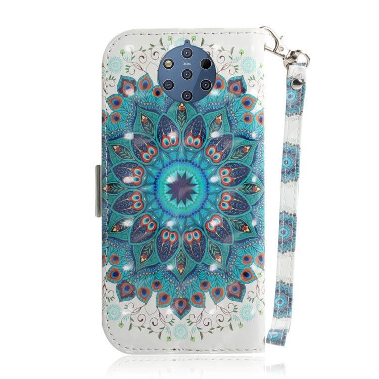 適用於諾基亞 9 3D彩繪孔雀花圖案左右開皮套 帶支架&卡槽&錢包