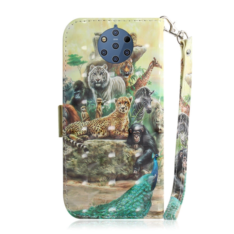 適用於諾基亞 9 3D彩繪動物園圖案左右開皮套 帶支架&卡槽&錢包
