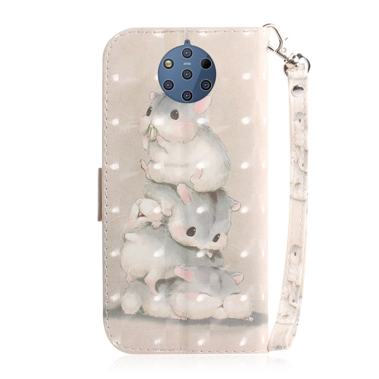 適用於諾基亞 9 3D彩繪三隻松鼠圖案左右開皮套 帶支架&卡槽&錢包