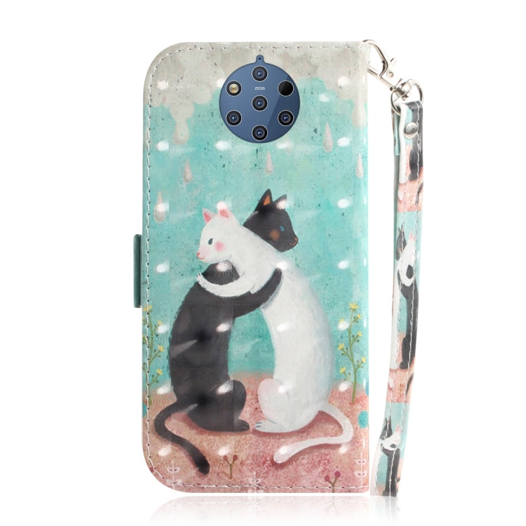 適用於諾基亞 9 3D彩繪黑白貓圖案左右開皮套 帶支架&卡槽&錢包