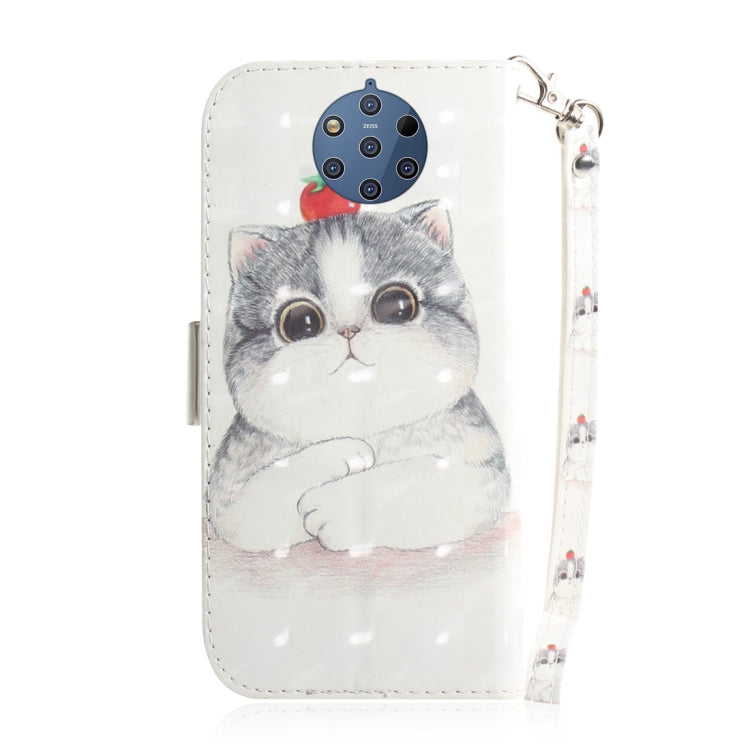 適用於諾基亞 9 3D彩繪萌貓圖案左右開皮套 帶支架&卡槽&錢包