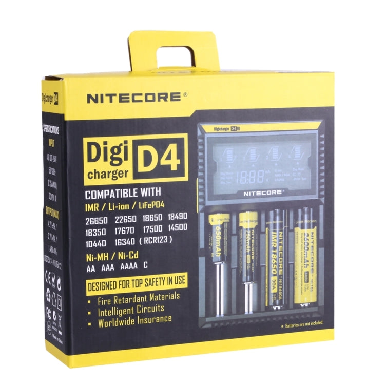 Nitecore D4智能電池充電器帶LCD显示屏, 適用於14500, 16340 , 18650, 22650, 26650, Ni-MH and Ni-Cd  等電池